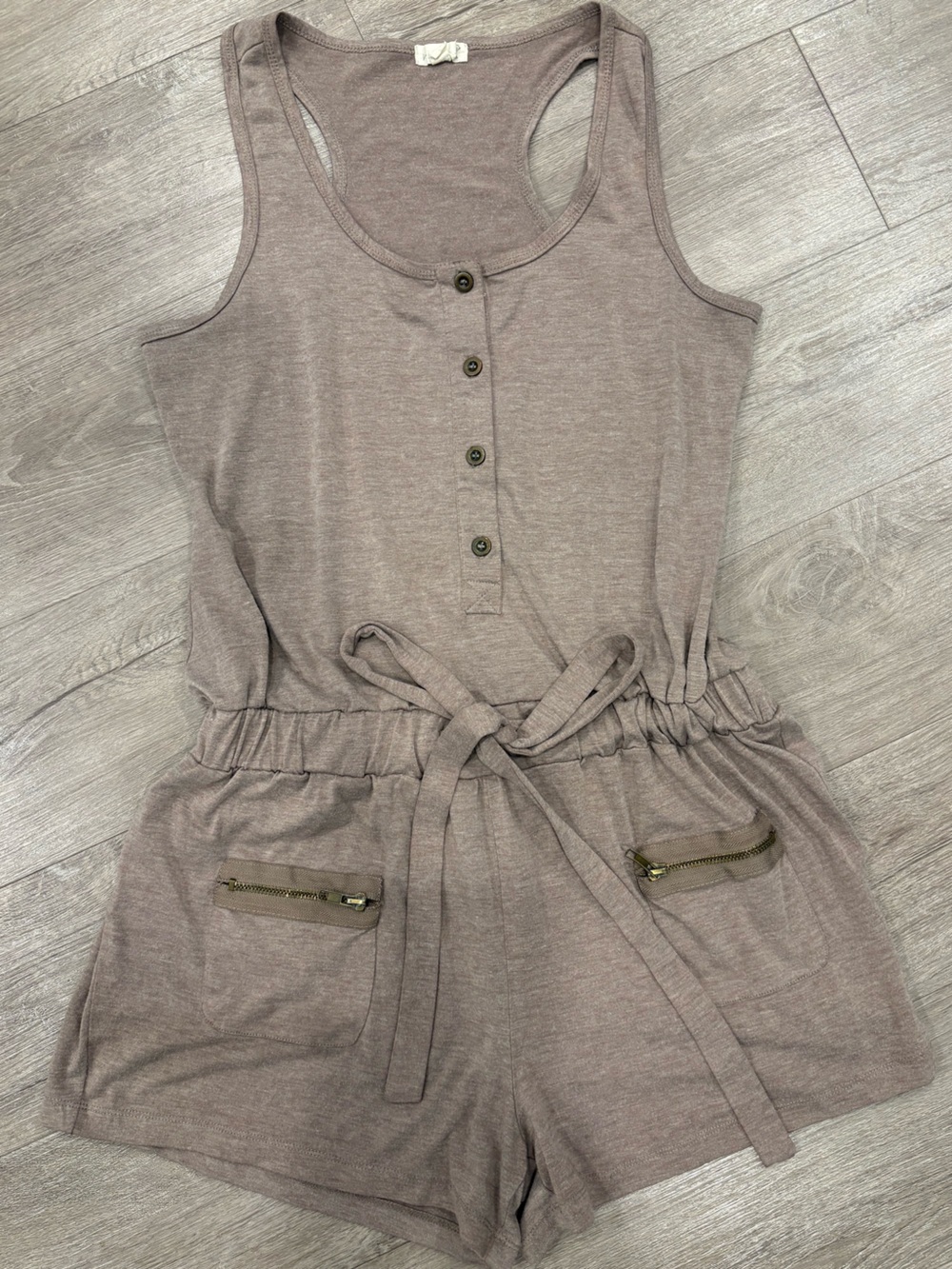 Mine Taupe Sleeveless Romper with Drawstring